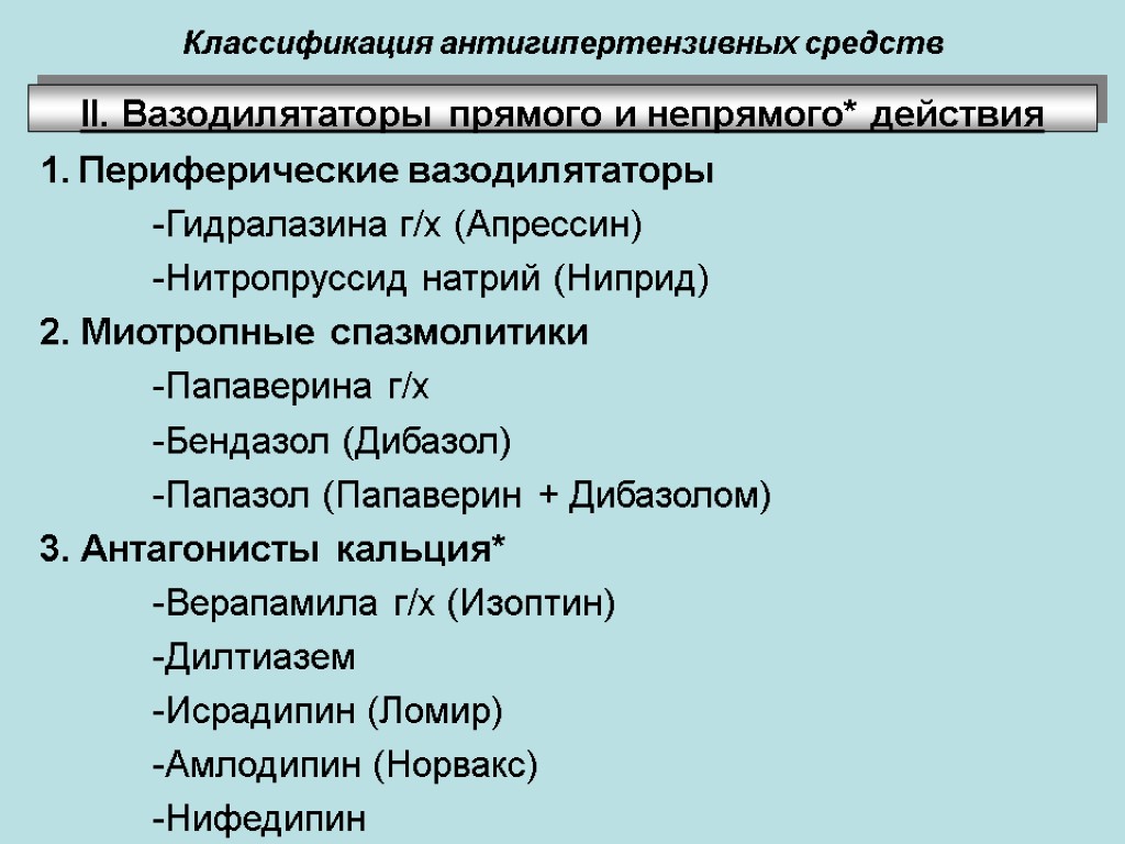 Классификация антигипертензивных средств ІІ. Вазодилятаторы прямого и непрямого* действия 1. Периферические вазодилятаторы -Гидралазина г/х